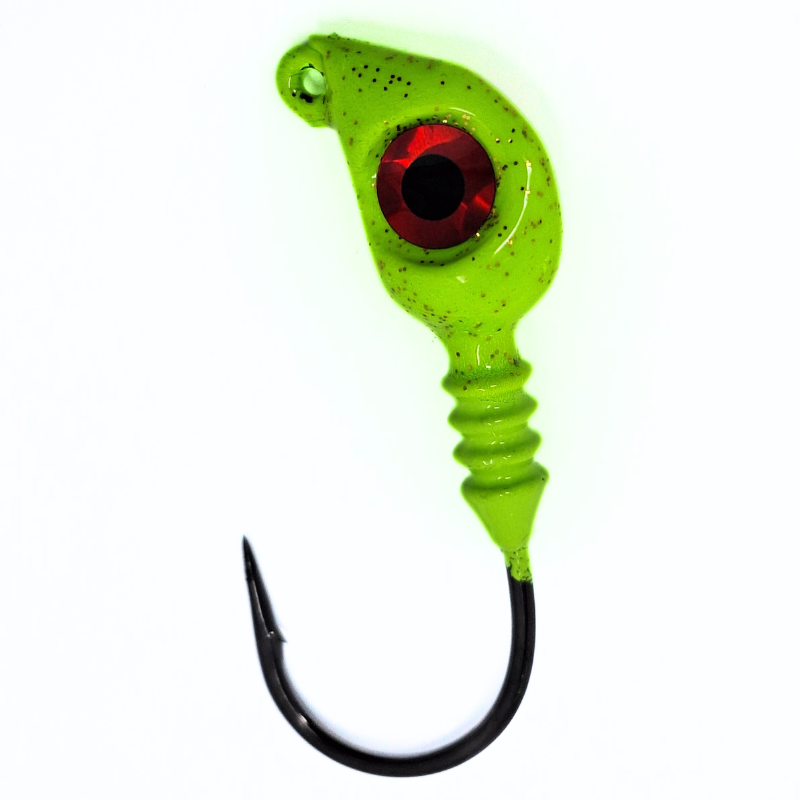 Fishing lure with a green body and red eye on a white background